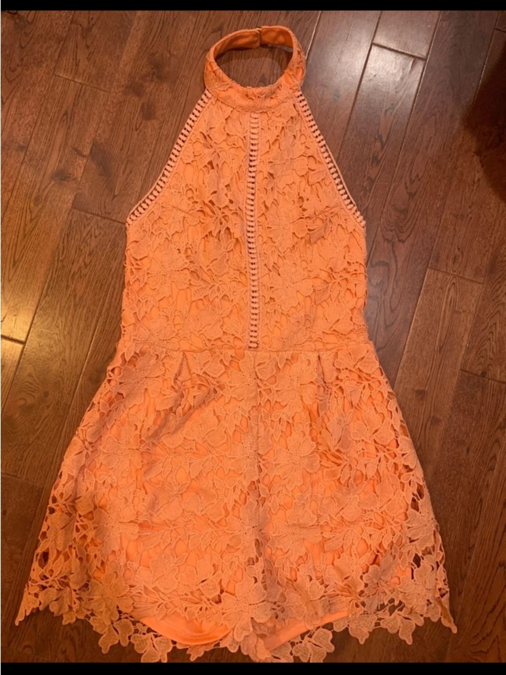 She + Sky Peach Lace Halter Romper